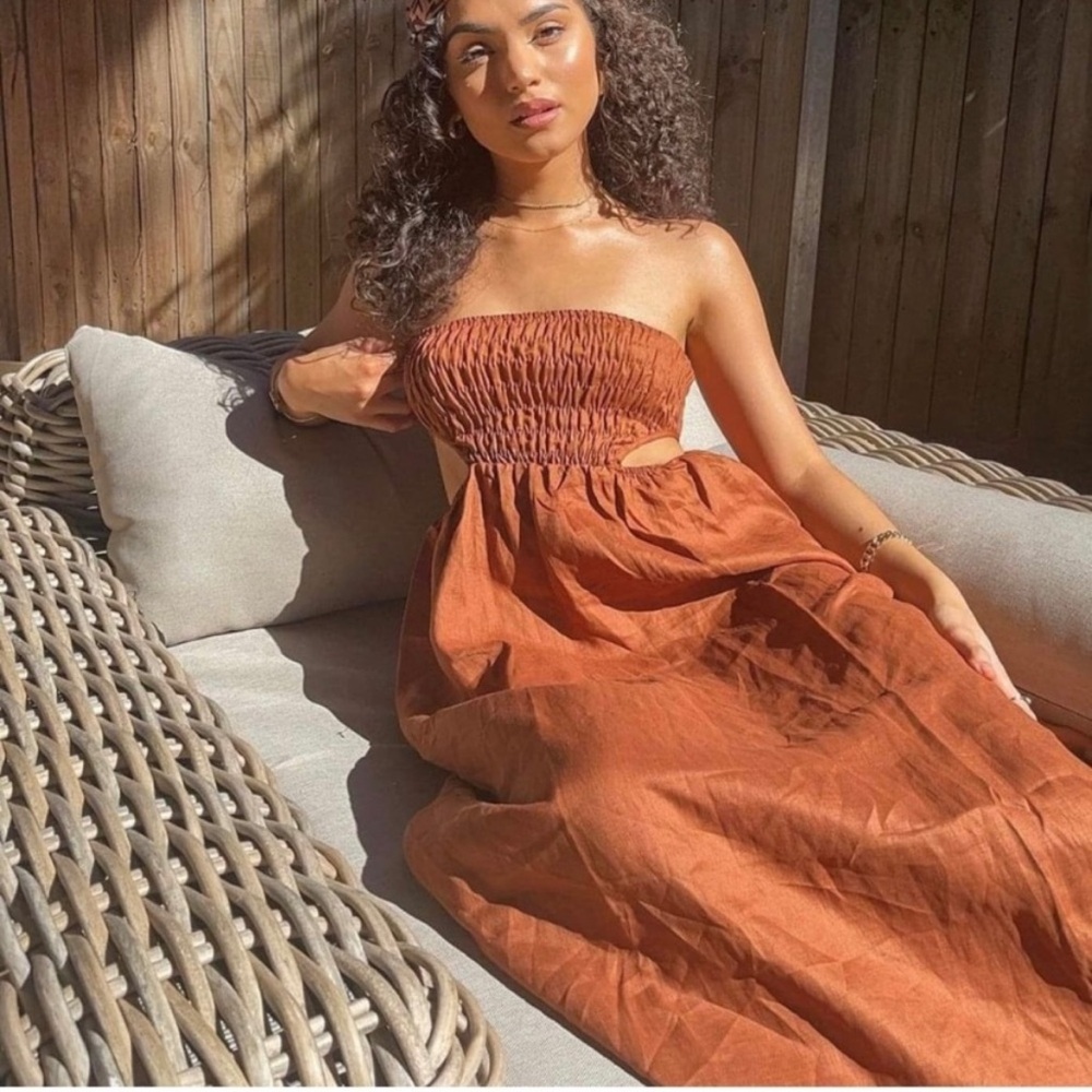 DISSH Rust Brown Strapless Midi Dress
